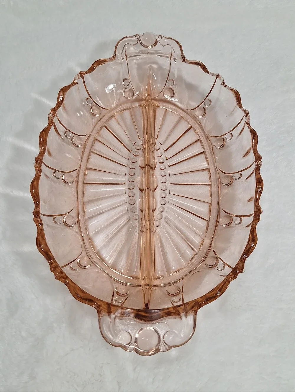 1940 Pink Depression Glass Divided Relish Dish Anchor Hocking Oyster & Pearl